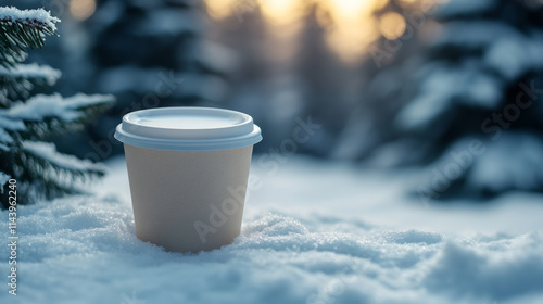 A beige disposable coffee cup sits in the snow on a cold winter day. The sun sets in the background, casting a warm glow.