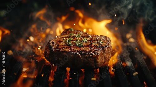 Grilling steak over flames a mouthwatering meat feast outdoor bbq close-up culinary delight photo