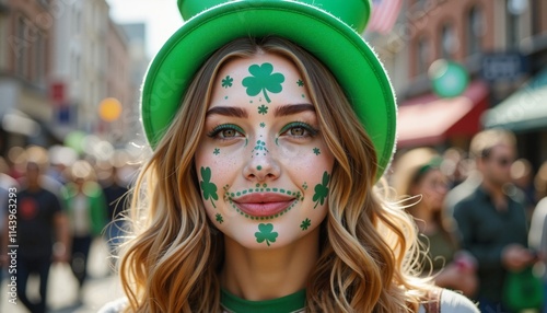 Close-up shot of a woman with shamrock face paint, bustling street, St. Patricks day festival photo