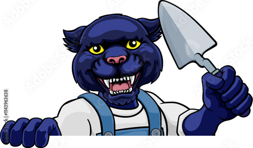 A panther bricklayer builder construction worker mascot cartoon character holding a trowel tool and peeking around a sign