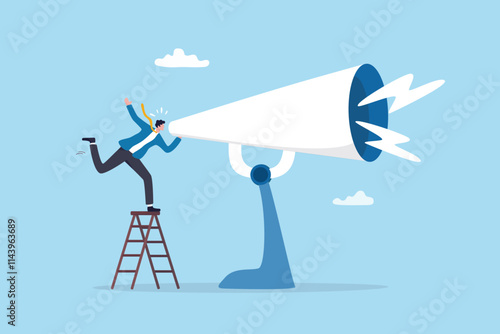 Amplify megaphone, communication voice or advertising message, important announcement loud shouting, broadcast word, message or information concept, businessman shouting on big amplifier megaphone.