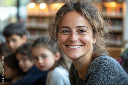 Wallpaper Mural close-up of teacher smiling while sitting among children in library with blurred bookshelves behind Torontodigital.ca