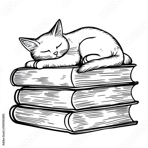 Simple Coloring Page: Cat Napping on a Stack of Books for Kids