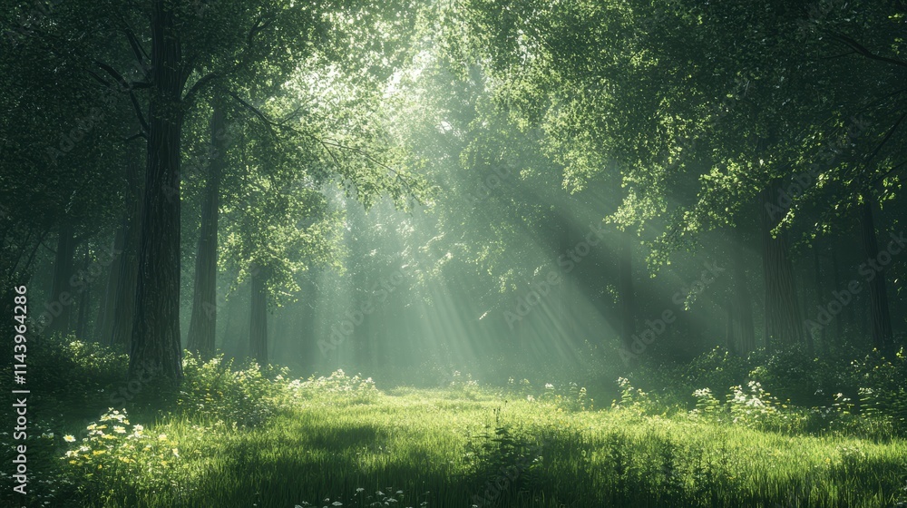 Fototapeta premium A quiet forest with sunlight filtering through the trees, casting soft shadows on the forest floor, creating a peaceful atmosphere.
