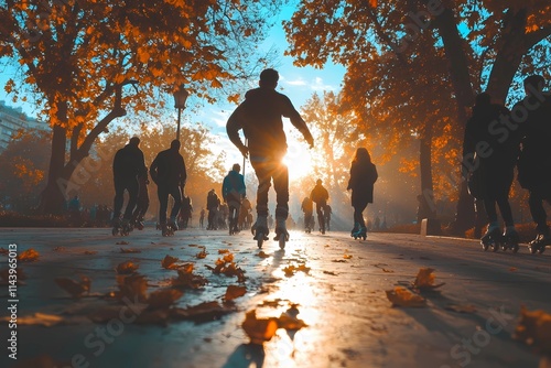 People rollerblading in the autumn park.