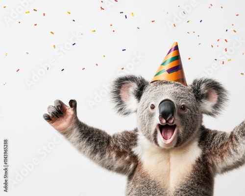 Joyful koala wearing party hat, confetti falling. photo