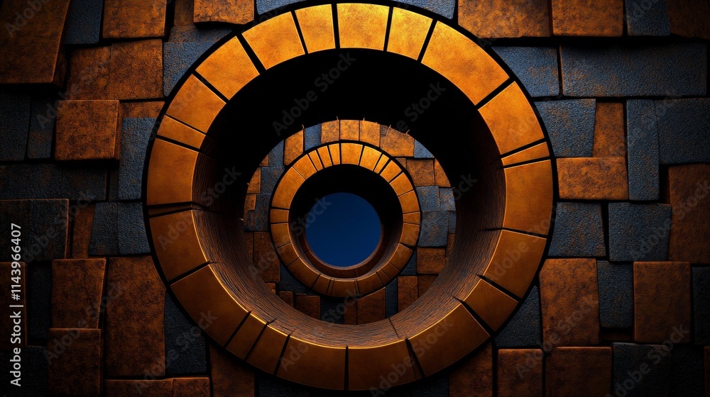 Naklejka premium Abstract Circular Structure: A mesmerizing abstract composition featuring concentric circles formed by a textured brick-like pattern, leading the eye into a deep blue void.