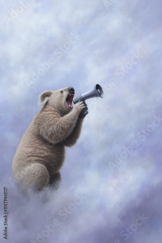 Koala bear shouting through megaphone in clouds. photo