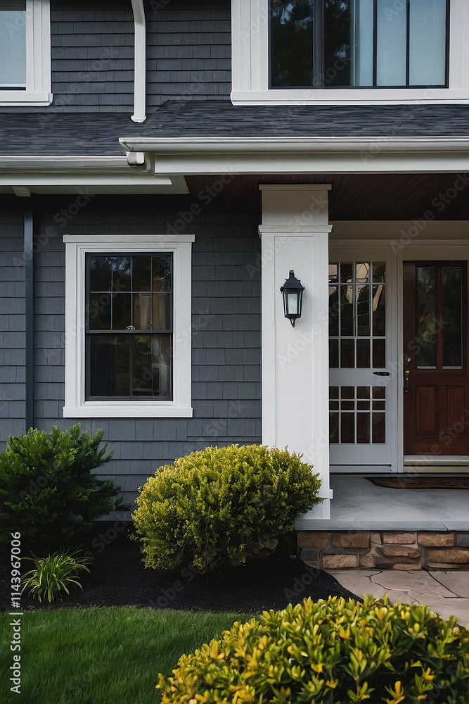 A grey-sided house with white trim, featuring a front door with a glass paneled storm door, a window, and landscaping. The house has dark grey siding and a light colored porch. A grey-sided house with white trim, featuring a front door with a glass paneled storm door, a window, and landscaping. The house has dark grey siding and a light colored porch.