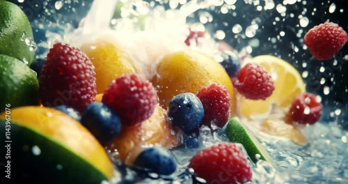 Fresh fruits and berries splash in water. Fruit and berries burst.Splash of juice.Sweet tropical fruits and mixed berries.
