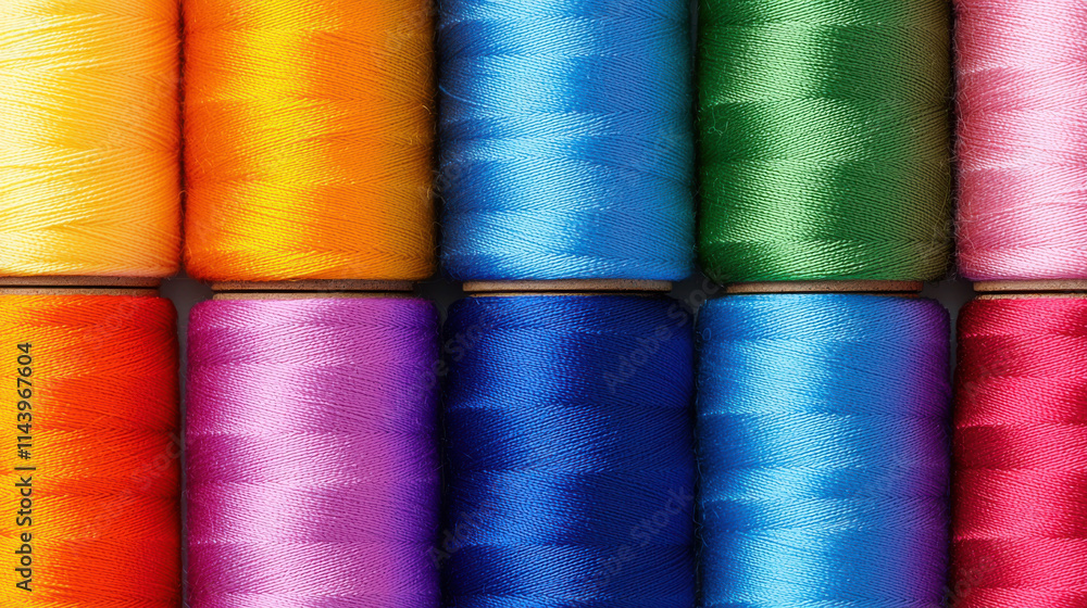 Colorful spools of thread arranged in vibrant gradient display, showcasing various hues. Perfect for sewing and crafting enthusiasts Colorful spools of thread arranged in vibrant gradient display, showcasing various hues. Perfect for sewing and crafting enthusiasts