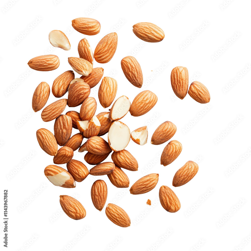 Scattered pieces of almonds on a clean transparent background highlighting their texture and natural colors, Pieces of almonds on transparent background Scattered pieces of almonds on a clean transparent background highlighting their texture and natural colors, Pieces of almonds on transparent background