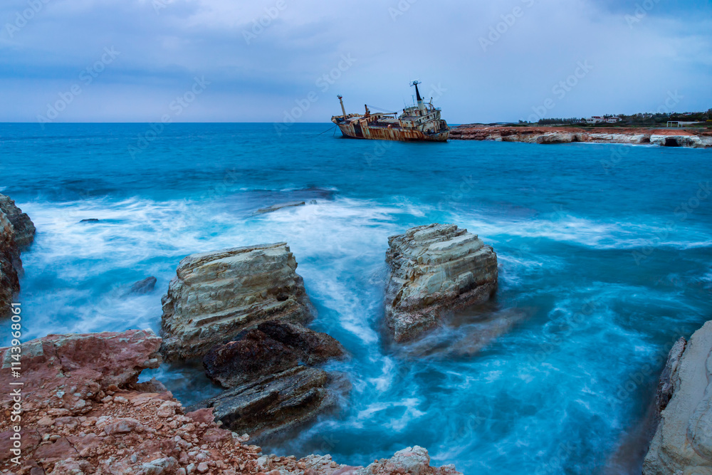Naklejka premium Shipwreck of Edro III at Seacaves, an area of outstanding natural beauty near Coral Bay, Peiya, Cyprus