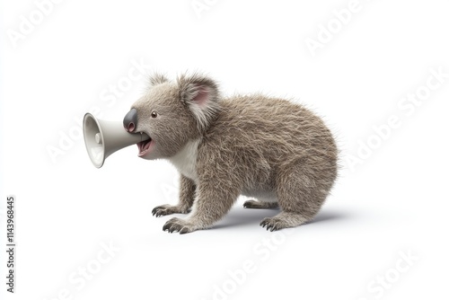 Koala holding a megaphone, announcement, 3D render. photo