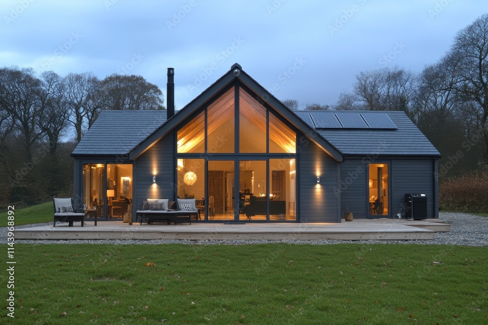 Modern Eco-Friendly Country Home Illuminated at Dusk Modern Eco-Friendly Country Home Illuminated at Dusk