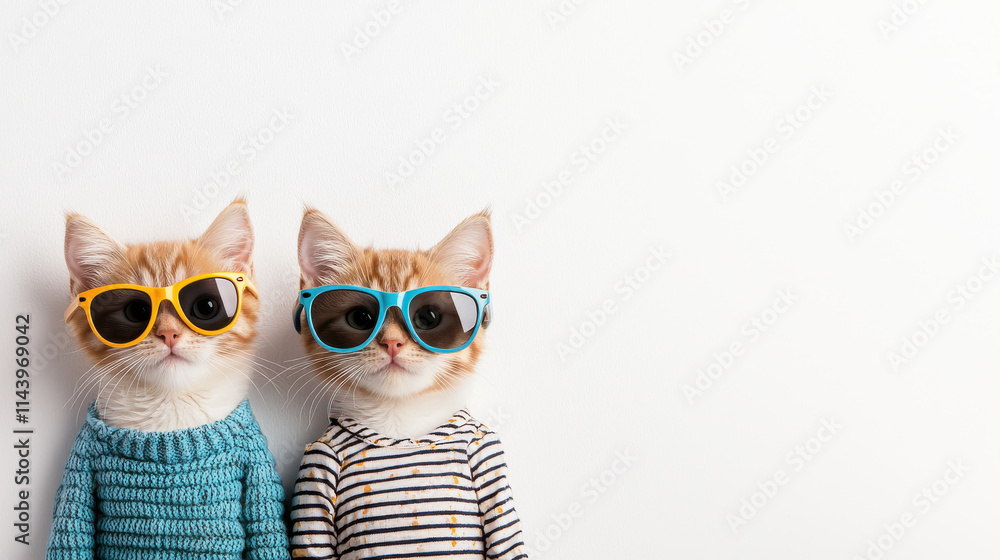 Fototapeta premium Adorable kittens wearing trendy sunglasses and colorful sweaters, showcasing their playful personalities. These stylish cats are ready for fun and adventure