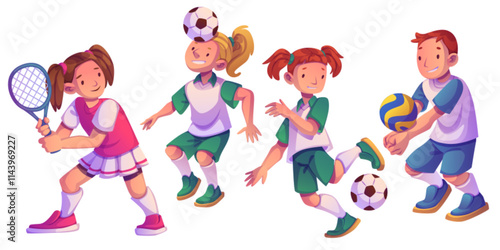 Sport kids character set - tennis player in pink skirt, girls balancing soccer balls and demonstrating football skill, boy kicking volleyball blue yellow ball. Youth sports activities and game design.