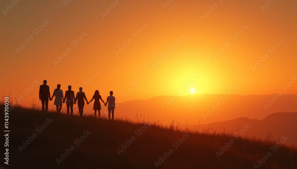 Silhouette of friends holding hands at sunset representing unity and hope for a cure Silhouette of friends holding hands at sunset representing unity and hope for a cure