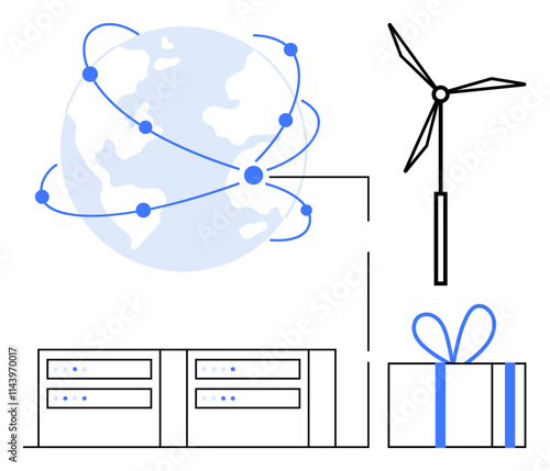 Planet Earth interconnected with nodes, wind turbine, servers, and a gift box. Ideal for technology, sustainability, renewable energy, data management, global communication gift services clean