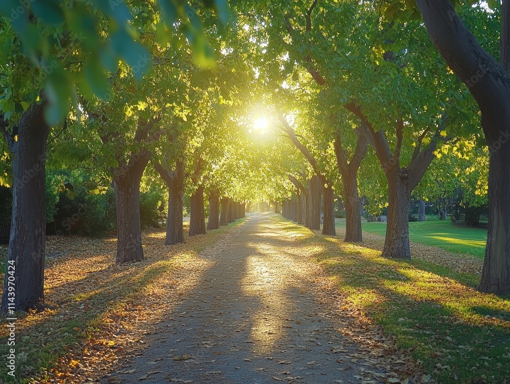 Naklejka premium A tranquil forest path lined with tall trees, dappled sunlight shining through the leaves, creating a serene atmosphere.