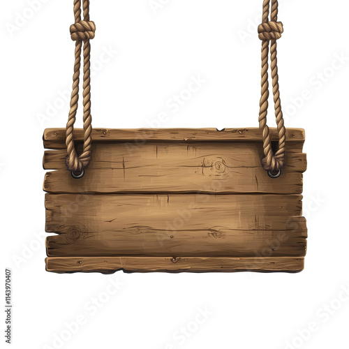 Rustic wooden signboard with hanging ropes isolated on transparent background for decorative and informative purposes, Rustic Wooden Signboard with Hanging Ropes isolated on transparent background photo