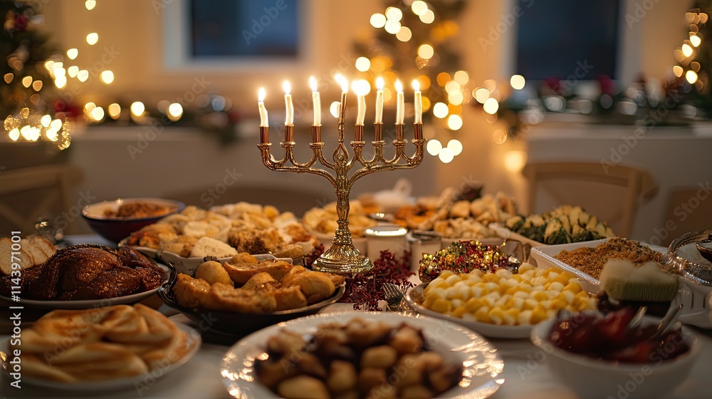 Festive Table Setting with Menorah and Traditional Holiday Dishes Festive Table Setting with Menorah and Traditional Holiday Dishes