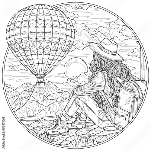 A tourist woman looks at a hot air balloon.Coloring book antistress for children and adults.