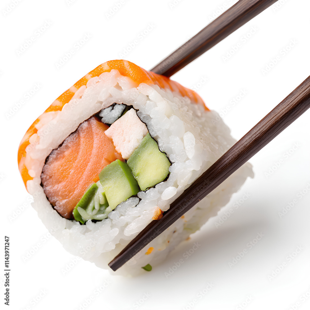 Sushi roll held by chopsticks, cut out, on isolated white background, Clipping path Sushi roll held by chopsticks, cut out, on isolated white background, Clipping path