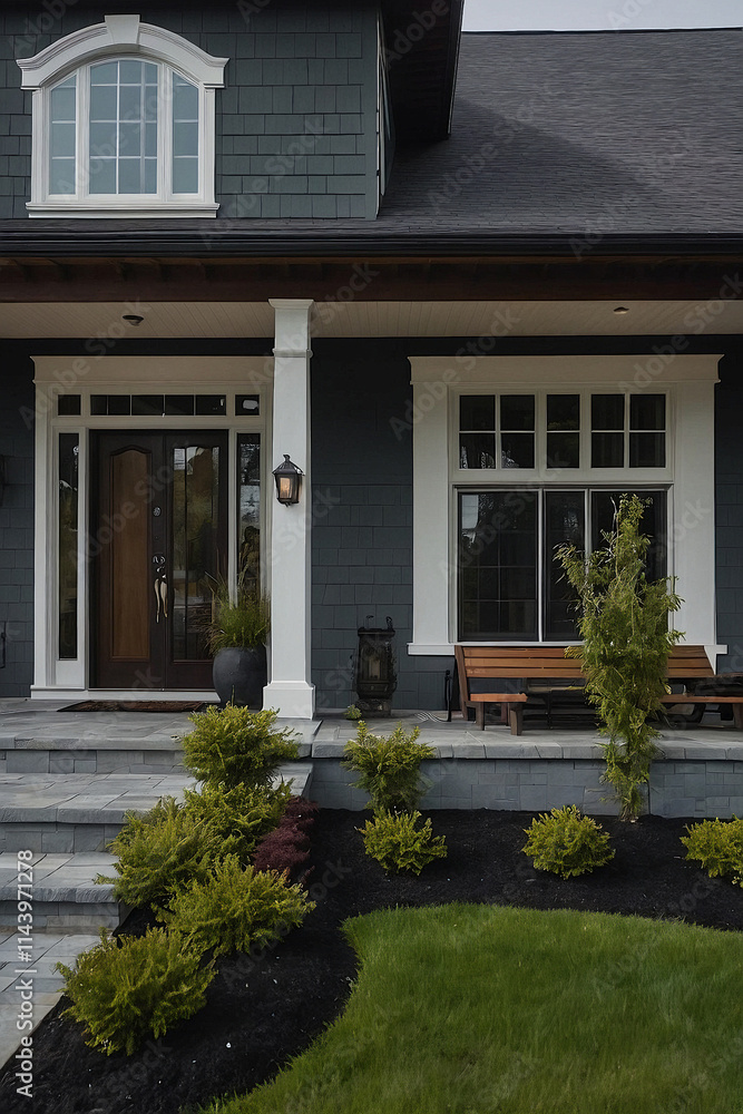 A dark gray house with white trim, featuring a front porch with a wooden bench, landscaping, and exterior lighting. Stone steps lead to the entrance. A dark gray house with white trim, featuring a front porch with a wooden bench, landscaping, and exterior lighting. Stone steps lead to the entrance.