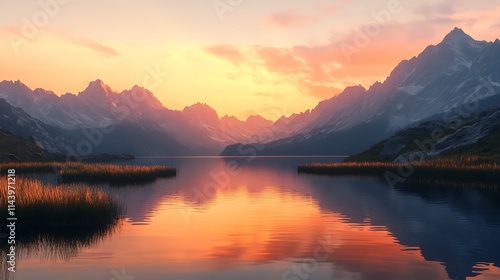 Tranquil alpine lake with still waters mirroring the warm hues of the sunset 