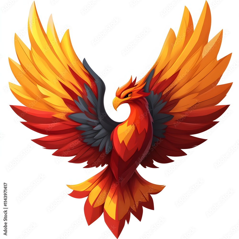 Obraz premium Fiery phoenix bird with outstretched wings, red and orange plumage.