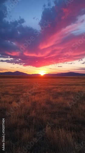 A wide-open field with a warm sunset in the distance, the sky filled with tranquil colors.