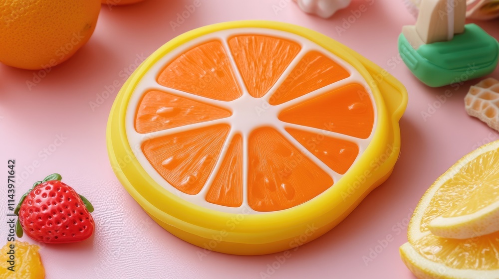 Bright and Vibrant Citrus Slice with Strawberry on Pink Background Bright and Vibrant Citrus Slice with Strawberry on Pink Background