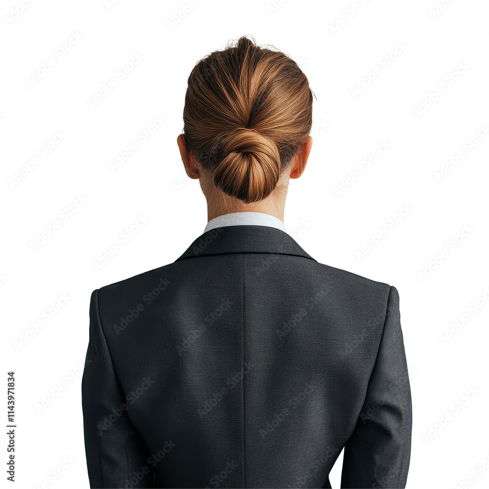 A business woman in a black suit with a bun facing transparent backdrop in a professional setting, Back View of Business Woman with Bun on transparent background A business woman in a black suit with a bun facing transparent backdrop in a professional setting, Back View of Business Woman with Bun on transparent background