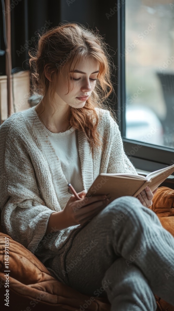 Obraz premium A woman sitting in a quiet space, journaling about gratitude, reflecting on the importance of mental well-being.