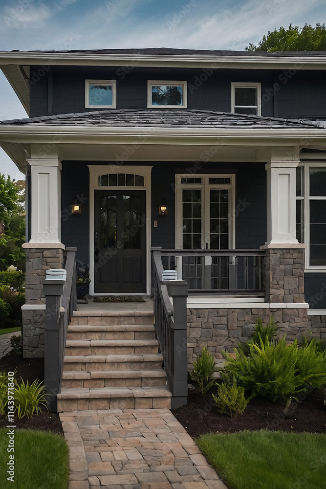 A two-story dark gray house with white trim and stone accents. The front features a covered porch with steps leading to a dark gray front door. Landscaping includes mulch and greenery. A two-story dark gray house with white trim and stone accents. The front features a covered porch with steps leading to a dark gray front door. Landscaping includes mulch and greenery.