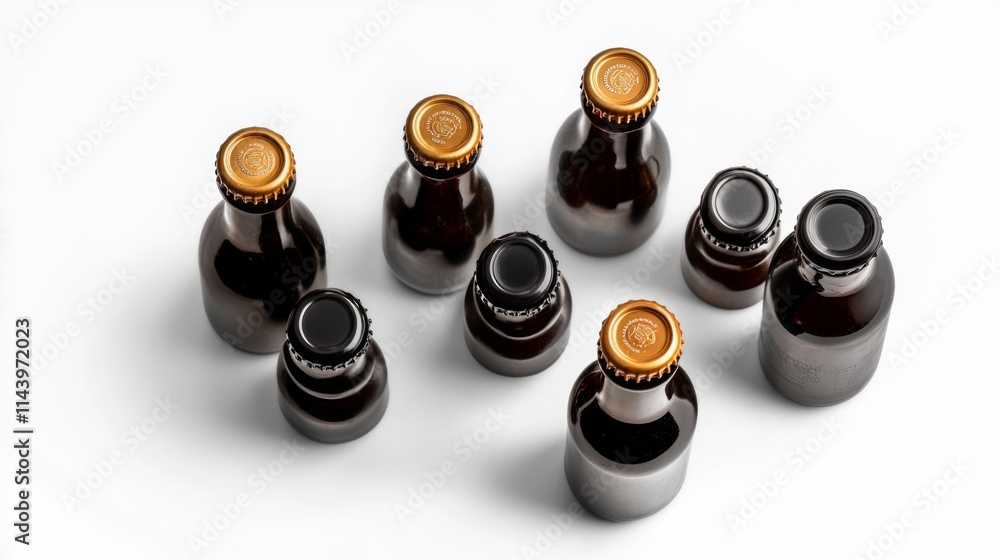A collection of slender dark glass bottles with metallic caps. Perfect for showcasing beverages or cosmetics. Unique shapes create an interesting display. Generative AI A collection of slender dark glass bottles with metallic caps. Perfect for showcasing beverages or cosmetics. Unique shapes create an interesting display. Generative AI