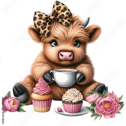 Highland cow with a bow and coffee creates charm.
Cute animal surrounded by floral accents.
Ideal for rustic and aesthetic themes. photo