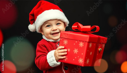 Funny cute happy baby boy wearing a Santa hat and costume with a big Christmas red gift box on black background, child and family holiday web banner