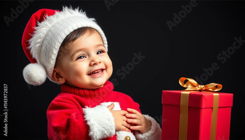 Funny cute happy baby boy wearing a Santa hat and costume with a big Christmas red gift box on black background, child and family holiday web banner