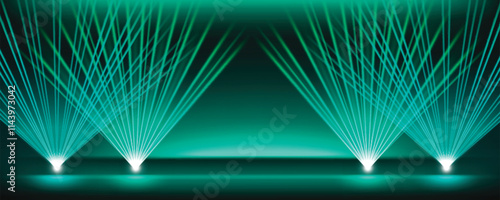 Turquoise laser lights on stage background. Vector realistic illustration of bright neon illumination for nightclub show, dance party, disco club, presentation backdrop, podium with floodlight effect