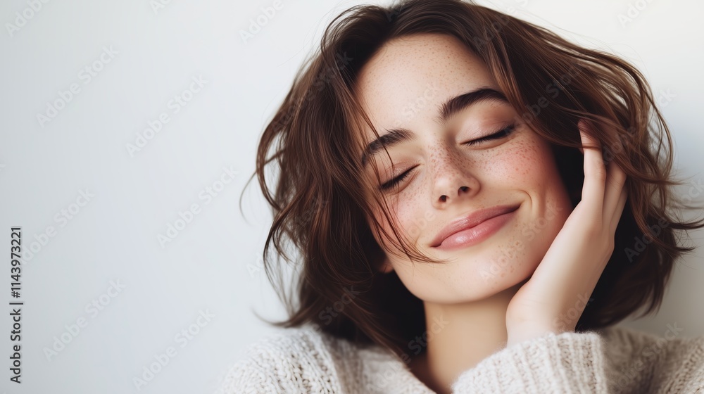 Smiling young woman with wavy hair enjoying a moment of joy indoors Smiling young woman with wavy hair enjoying a moment of joy indoors