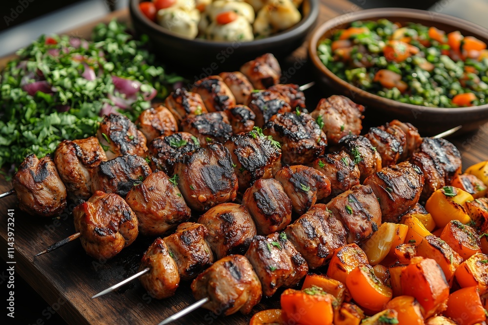 Middle eastern, arabic or mediterranean dinner table with grilled lamb kebab, chicken skewers with roasted vegetables and appetizers variety serving on wooden outdoor table. Overhead view Middle eastern, arabic or mediterranean dinner table with grilled lamb kebab, chicken skewers with roasted vegetables and appetizers variety serving on wooden outdoor table. Overhead view