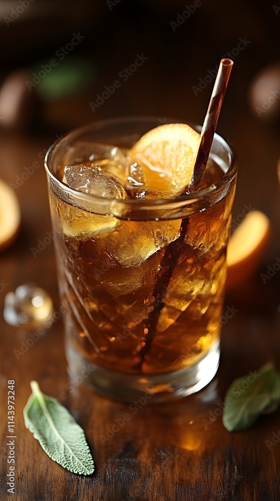Iced tea with orange slice and sage garnish in rocks glass. Iced tea with orange slice and sage garnish in rocks glass.