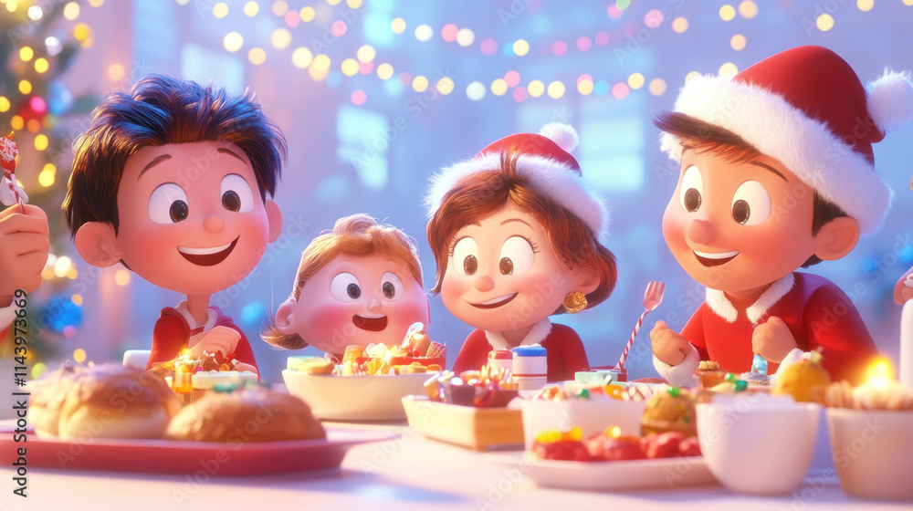 Four animated friends in festive attire enjoy holiday feast with cheerful decorations and warm lighting Four animated friends in festive attire enjoy holiday feast with cheerful decorations and warm lighting