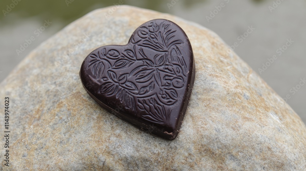 Obraz premium Heart-Shaped Chocolate on Stone with Nature Background