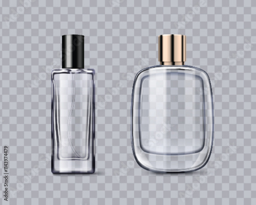 Fragrance glass bottles mockup with metal caps - tall rectangular vessel and curved oval container on transparent background. Empty lucid perfume packaging for luxury cosmetic product presentation.
