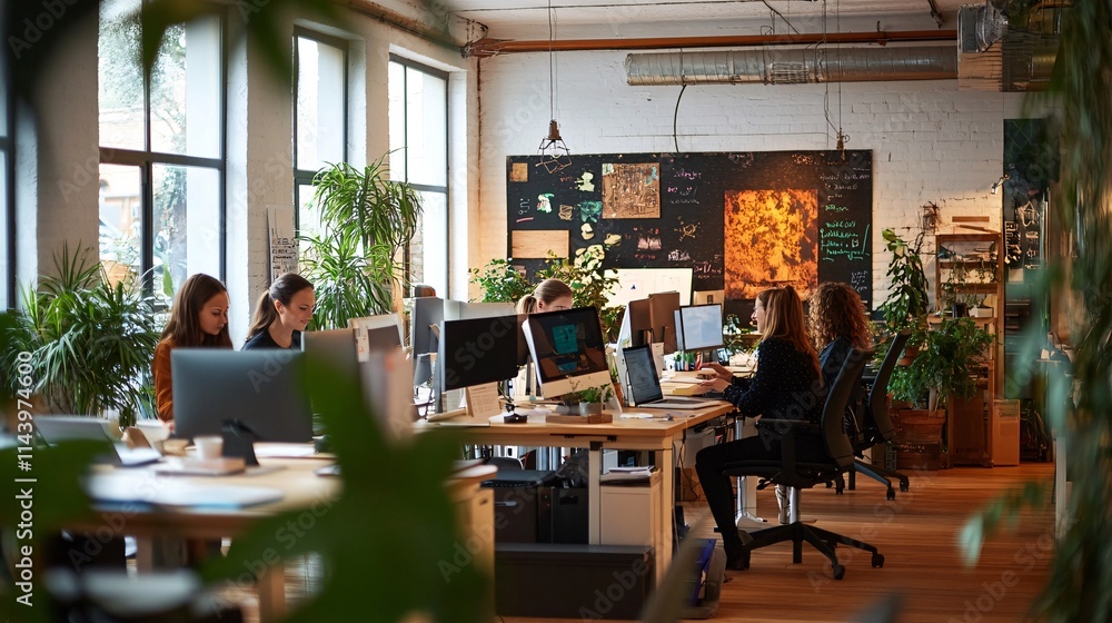 A diverse group of young professionals diligently working in a bright, plant-filled open office space. A diverse group of young professionals diligently working in a bright, plant-filled open office space.