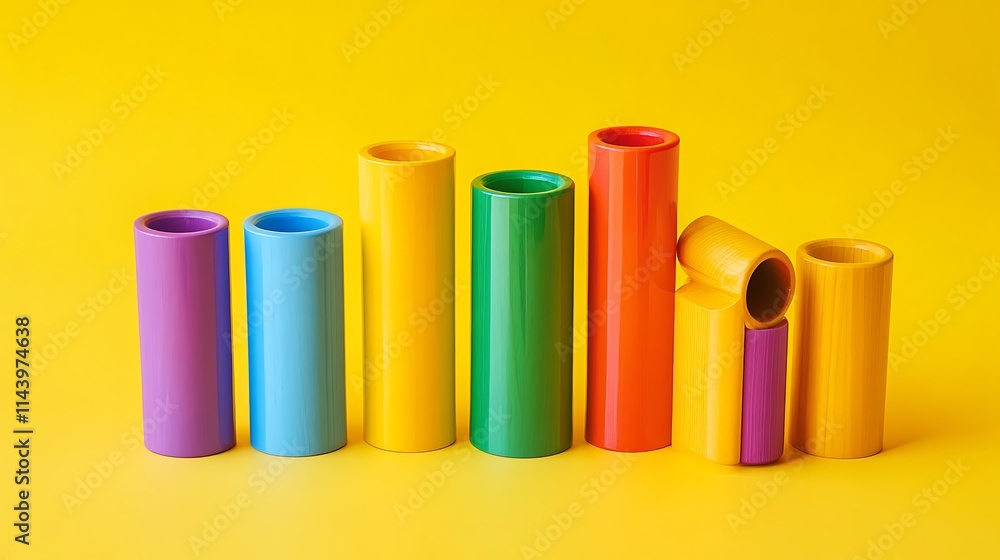 Colorful cylinders arranged in a row on a yellow background, some are leaning. Colorful cylinders arranged in a row on a yellow background, some are leaning.
