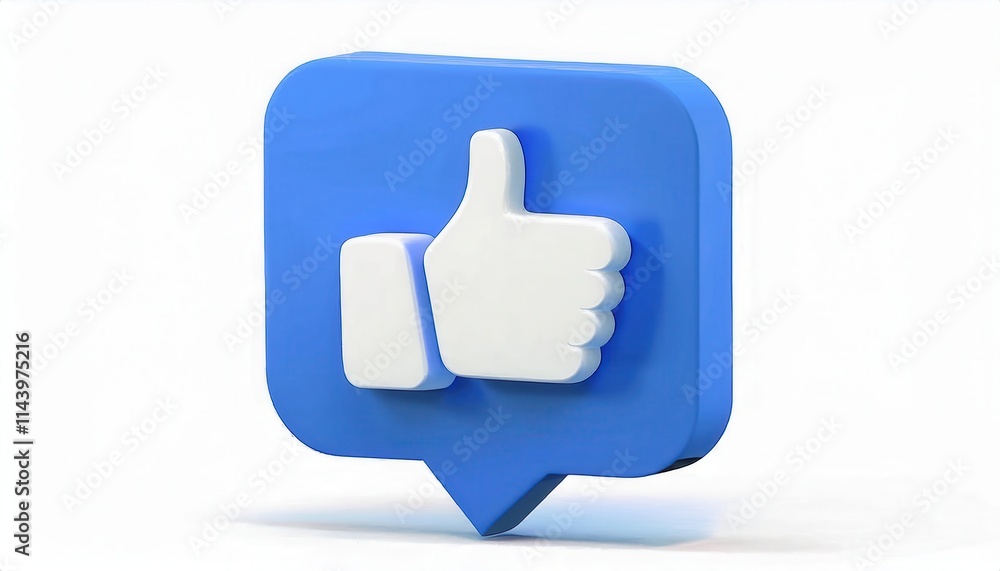 3D Blue Speech Bubble with White Thumbs-Up Icon. Social Media Like Button Symbol for Positive Feedback, Online Engagement Metrics, Content Approval, and Digital Communication Illustration Example 3D Blue Speech Bubble with White Thumbs-Up Icon. Social Media Like Button Symbol for Positive Feedback, Online Engagement Metrics, Content Approval, and Digital Communication Illustration Example